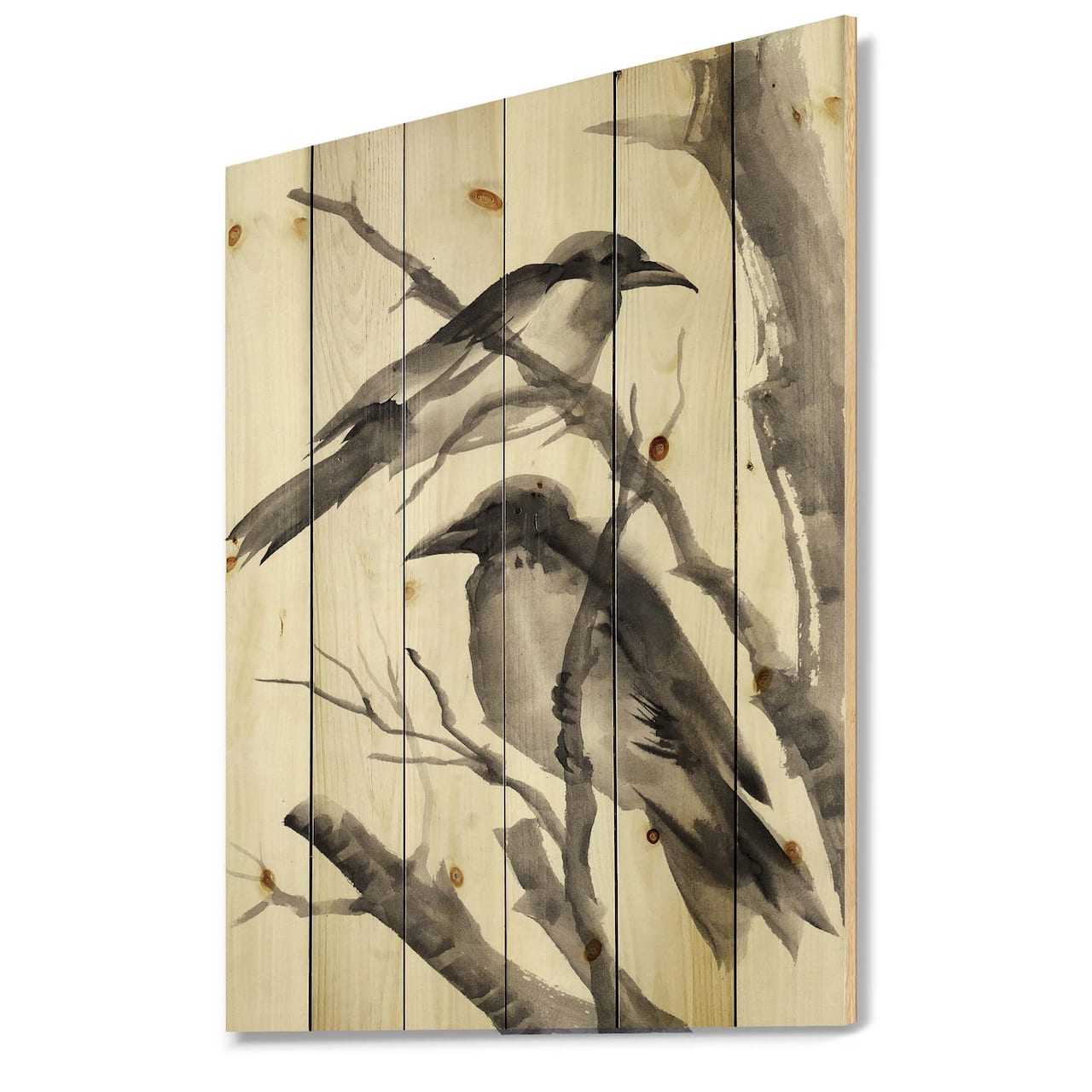 Designart - Vintage Monochrome Sleeping Crows - Traditional Print on Natural Pine Wood
